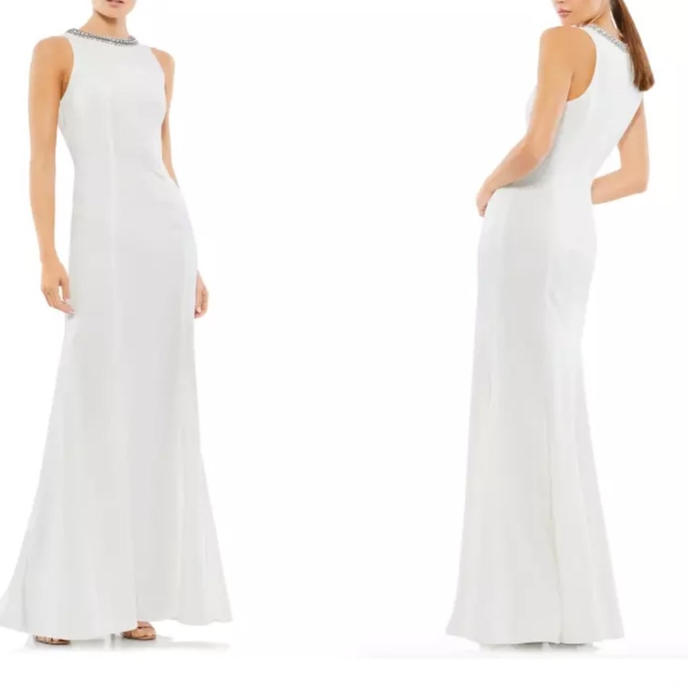MAC DUGGAL LEENA CRYSTAL NECK WHITE TRUMPET GOWN  Sz 12